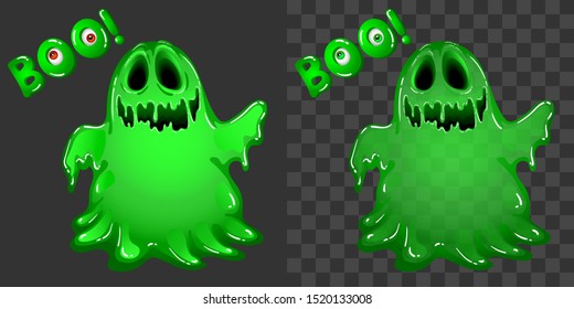 Cute jelly monster with text boo! Slimy alien. Element for design, game or application. Slug for 31 octomber halloween poster, invitation, banner, flyer. Transparent in vector program. illustration.