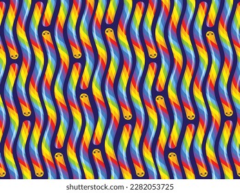 Cute jelly worms on a black background seamless pattern. Vector image of rainbow sweets. Repeated pattern design. 