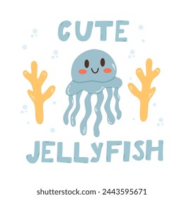 Cute jellyfish . Baby animal concept illustration for nursery, character for children.Marine animals, under sea 