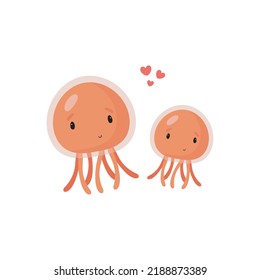 Cute Jellyfish with baby. Cartoon style. Vector illustration. For kids stuff, card, posters, banners, children books, printing on the pack, printing on clothes, fabric, wallpaper, textile or dishes.