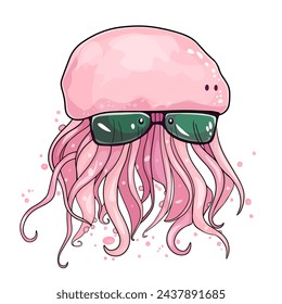 Cute jellyfish. Beach animal. Medusa in sunglasses. Summer vibe. Isolated illustration