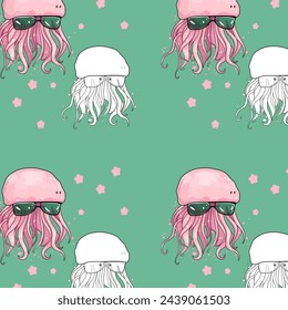 Cute jellyfish. Beach animal. Medusa in sunglasses. Summer vibe. Isolated illustration