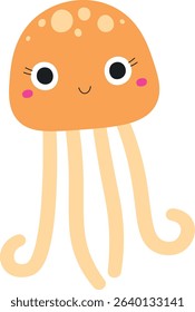 A cute jellyfish with big eyes and a smile in a cartoon style. The jellyfish has long wavy tentacles and a friendly expression. Cartoon vector illustration.