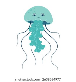 Cute jellyfish with big eyes and wavy tentacles. Bright blue vector sea animal perfect for children's books, posters, and ocean-themed designs.