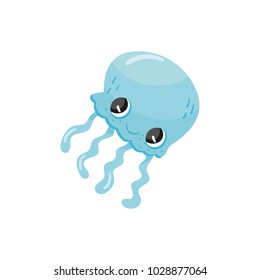 Cute jellyfish with big shiny eyes. Blue aquatic animal with long tentacles. Underwater wildlife. Cartoon character of marine creature. Colorful flat vector design