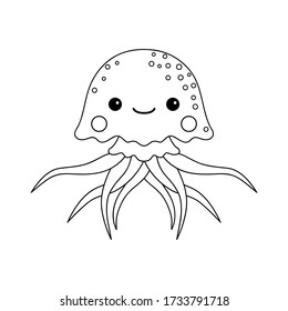 Cute jellyfish. Black and white. Outline. 
Funny smiling sea animal isolated on white background. Coloring book page. Vector illustration