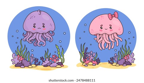 Cute jellyfish boy and girl. Funny cartoon animal kawaii character. Vector illustration. Underwater landscape with algae and corals. Kids collection