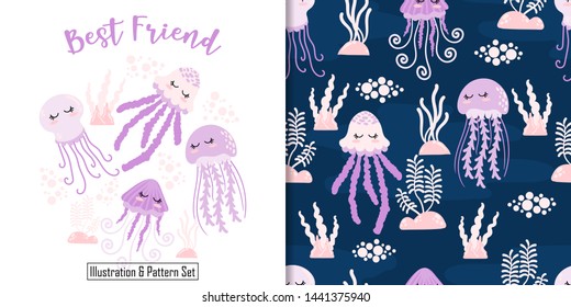 cute jellyfish cartoon animal seamless pattern with illustration card set