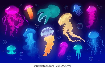 Süße Qualle. Cartoon Medusa. Meerestier. Unterwasser Leben Kunstdesign. Leuchtendes Wasserplankton mit giftigen Tentakeln. Meeresnatur. Tropische Meeresfauna. Vektor wirbellose Wassertiere Set