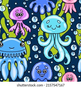 Cute jellyfish cartoon. Vector seamless pattern with colorful sea jellyfish on a blue background.