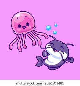 Cute Jellyfish And Catfish Swimming Together Cartoon Vector Icon Illustration. Animal Nature Icon Concept Isolated Premium Vector. Flat Cartoon Style