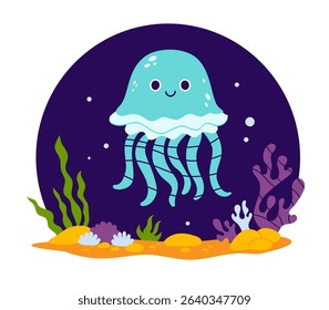Cute Jellyfish character with algae and seabed on dark blue background. Vector illustration. Kids collection in a flat style