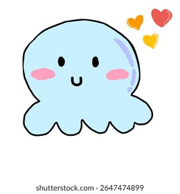 A cute jellyfish character with heart bubbles in a hand-drawn style. Ideal for ocean-themed designs, children’s story illustrations, marine life content, and kawaii animal characters.