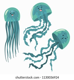 Cute jellyfish character. Vector cartoon flat set of sea medusa isolated on white background.