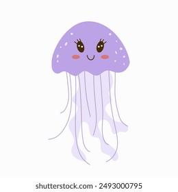 Cute jellyfish for children background. Under the sea, water animal character, ocean fauna. Flat vector design.