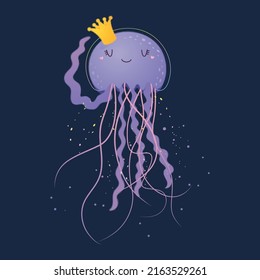 Cute jellyfish clip art. Vector illustration of a cute jellyfish. Cute little illustration of sea fish for kids, baby book, fairy tales, baby shower invitation, textile t-shirt, sticker.