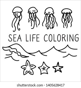 Cute jellyfish coloring page cartoon vector illustration motif set. Hand drawn isolated starfish and wave elements clipart for aquarium blog, monochrome typography graphic.