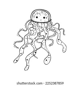Cute Jellyfish Coloring Page for children. Vector Illustration on White Coloring book