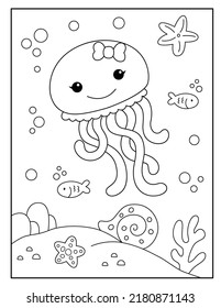 Cute Jellyfish Coloring Page Kids Stock Vector (Royalty Free ...