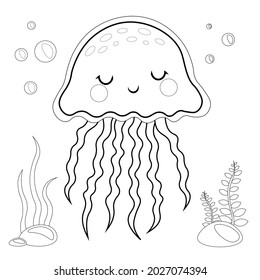 Cute Jellyfish Coloring Page Vector Illustration isolated on White. sea life Coloring Page. Illustration Featuring an Coloring