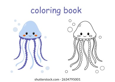 Cute jellyfish coloring page vector illustration isolated on white. Sea life coloring page. Coloring pages for children