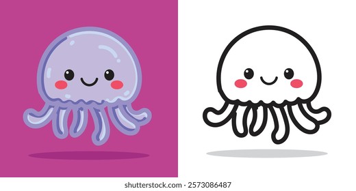 A cute jellyfish doll cartoon illustration for sticker, design element, or coloring book element