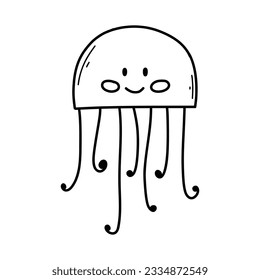Cute jellyfish in doodle style. Linear jellyfish isolated on white background. vector illustration.