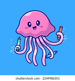 Cute Jellyfish Drawing With Crayon Cartoon Vector Icon Illustration. Animal Nature Icon Concept Isolated Premium Vector. Flat Cartoon Style