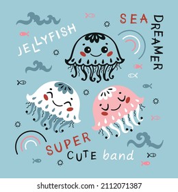 Cute Jellyfish Drawing for Tee Print for Kids. Little Medusa Kawaii Characters. Vector Baby Sea Animals