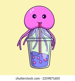 Cute Jellyfish Drink Boba Milk Tea Cartoon Vector Icons Illustration. Flat Cartoon Concept. Suitable for any creative project.