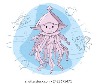 Cute jellyfish fish of the sea. vector illustration in cartoon style, on an isolated background.
