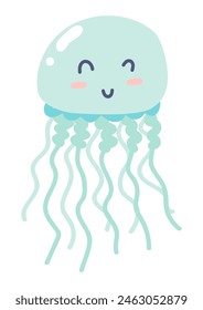 Cute jellyfish in flat design. Happy tropical medusa, undersea jelly creature. Vector illustration isolated.