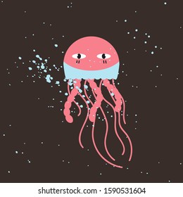 Cute jellyfish in flat style and paint splatter on dark background. Design for print, card, poster.Vector stock illustration.
