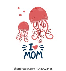 Cute jellyfish floating on a white background. Mom and baby. Vector illustration in childish style.