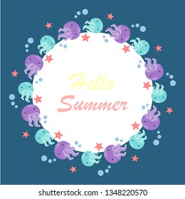 Cute jellyfish frame design. Bright summer background.