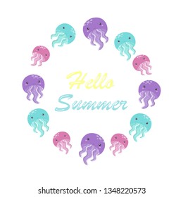 Cute jellyfish frame design. Bright summer background.