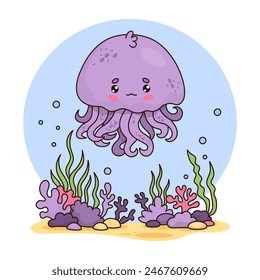 Cute jellyfish. Funny cartoon animal kawaii character boy. Vector illustration. Underwater landscape with algae and corals. Kids collection.