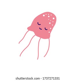 Cute jellyfish. Funny smiling sea ocean animal. Icon, emblem, logo. Kawaii character isolated on white background. Vector illustration