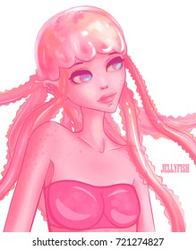 Cute jellyfish girl. Fantasy sea character. Printing on t-shirts, posters