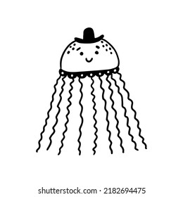 Cute jellyfish in hand drawn doodle style . Funny sea animal with hat. Vector illustration isolated on white background.