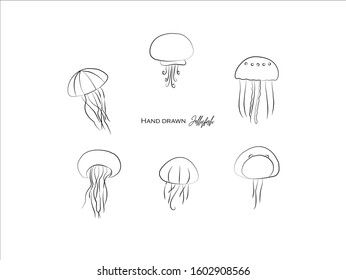 cute jellyfish hand drawn icon vector set line art, Doodle Cartoon Animals in black and white style, Perfect for invitations,greeting cards, prints, posters