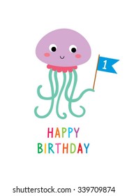 cute jellyfish happy birthday invitation card
