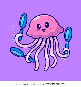 Cute Jellyfish Holding Magnifying Glass Cartoon Vector Icon Illustration. Animal Nature Icon Concept Isolated Premium Vector. Flat Cartoon Style