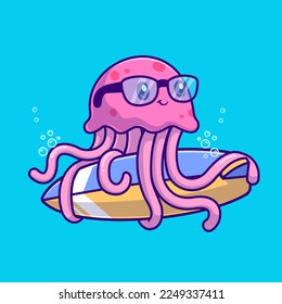 Cute Jellyfish Holding Surfboard Cartoon Vector Icon Illustration. Animal Holiday Icon Concept Isolated Premium Vector. Flat Cartoon Style