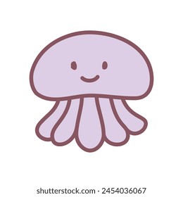 Cute jellyfish icon. Hand drawn illustration of a funny smiling medusa isolated on a white background. Kawaii sticker. Vector 10 EPS.