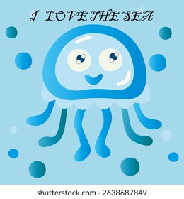 Cute jellyfish illustration. Happy sea creature. I love the sea. Vector ocean mascot.