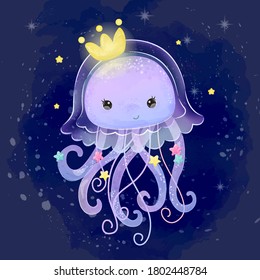 Cute jellyfish illustration in watercolor style. Adorable nursery art decoration. Ocean creatures illustration.