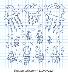 Cute jellyfish isolated on squared paper sheet background. Design element for gift wrap, textile print or home decor. Hand drawn style.