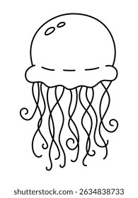 Cute jellyfish line drawing in black on white background. Minimalistic and elegant, perfect for ocean-themed designs, children's decor, and educational materials.

