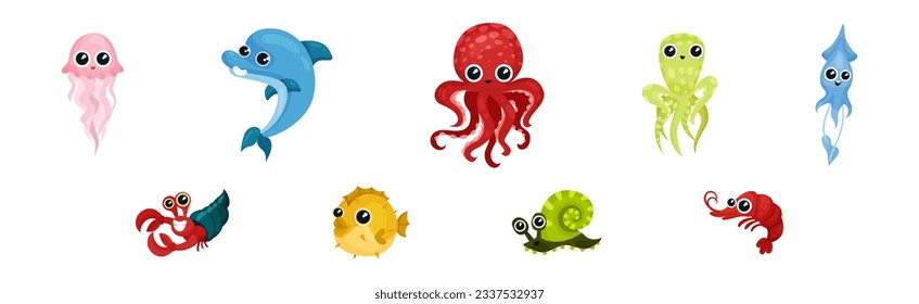 Cute medusas, pulpo, delfín y calamar como conjunto de vectores submarinos flotantes de animales marinos